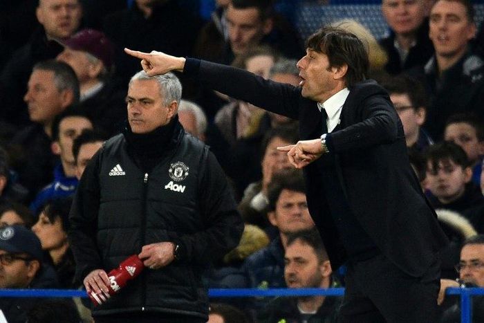Chelsea boss Antonio Conte (right) and Manchester United manager Jose Mourinho on the touchline at Stamford Bridge in London on March 13, 2017