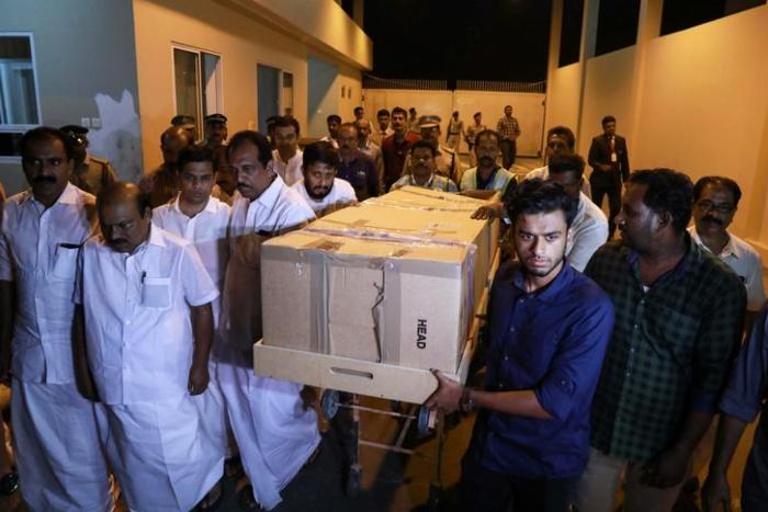 The body of Ansi Alibava, who was killed during the New Zealand mosque attacks, is carried upon arrival at Cochin International Airport in Kerala, India