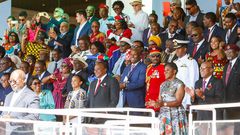 President Uhuru Kenyatta with his daughter Ngina as they attended the Namibia's 39th Independence Day celebrations (PSCU)