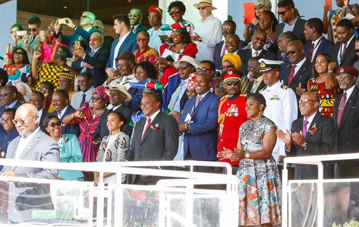 President Uhuru Kenyatta with his daughter Ngina as they attended the Namibia's 39th Independence Day celebrations (PSCU)
