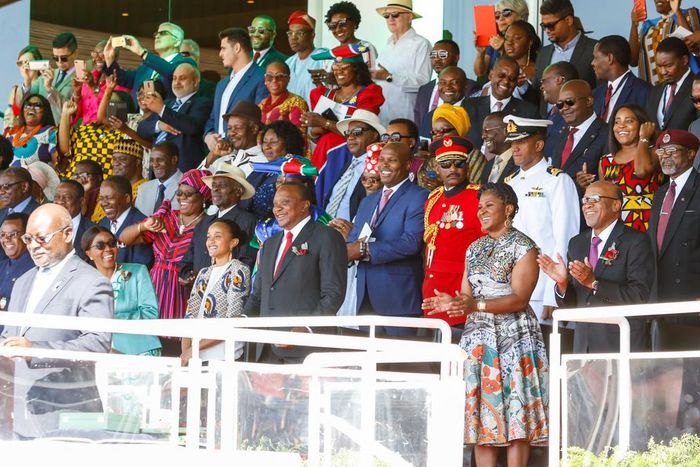 President Uhuru Kenyatta with his daughter Ngina as they attended the Namibia's 39th Independence Day celebrations (PSCU)