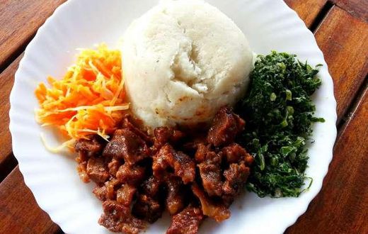 Kenya's popular dish of Ugali, beef and sukumawiki.