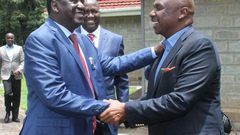 ODM leader Raila Odinga (left) is welcomed by Baringo Senator Gideon Moi to Kabarak