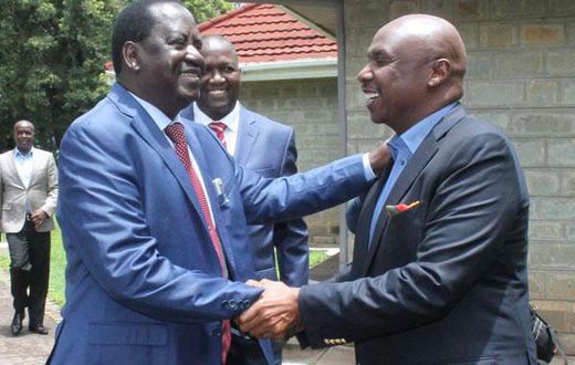 ODM leader Raila Odinga (left) is welcomed by Baringo Senator Gideon Moi to Kabarak