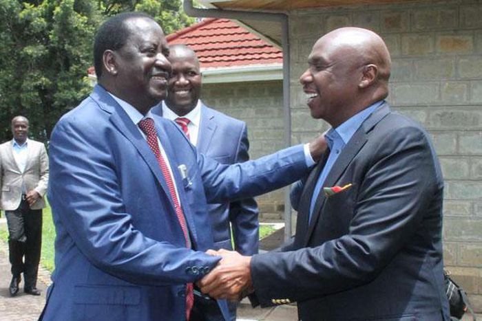 ODM leader Raila Odinga (left) is welcomed by Baringo Senator Gideon Moi to Kabarak