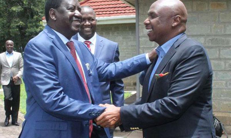 ODM leader Raila Odinga (left) is welcomed by Baringo Senator Gideon Moi to Kabarak