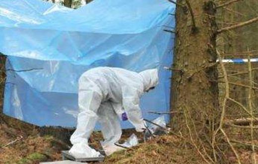 forensic expert at crime scene in forest