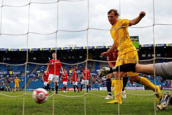Ukraine's Roman Zozulia scores the only goal during a friendly match against Norway in Oslo Wednesday on June 2, 2010