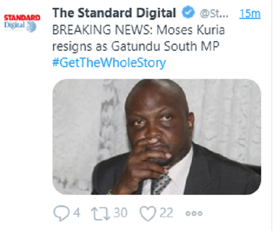A report on the Standard Media Group official handle on Moses Kuria's resignation (Twitter)