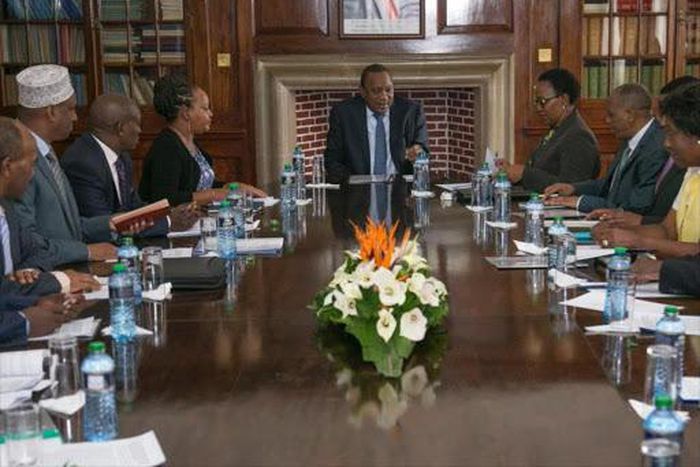 President Uhuru Kenyatta with 11 Governors including Mohamed Kuti of Isiolo (in white fez hat), Anne Waiguru of Kirinyaga, Kitui's Charity Ngilu and at State House in March 6, 2019.
