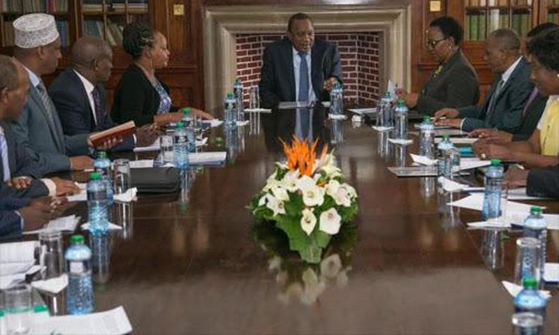 President Uhuru Kenyatta with 11 Governors including Mohamed Kuti of Isiolo (in white fez hat), Anne Waiguru of Kirinyaga, Kitui's Charity Ngilu and at State House in March 6, 2019.