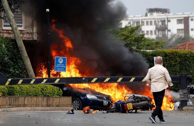Vehicles burning during the Dusit D2 attack
