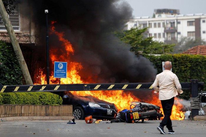 Vehicles burning during the Dusit D2 attack