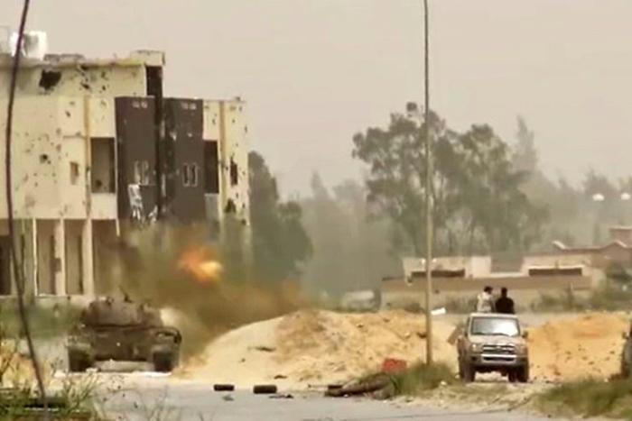 A tank in clashes on the outskirts of the Libyan capital Tripoli