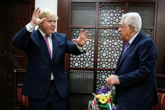 British Foreign Secretary Boris Johnson meets with Palestinian president Mahmoud Abbas in the West Bank city of Ramallah, on March 8, 2017