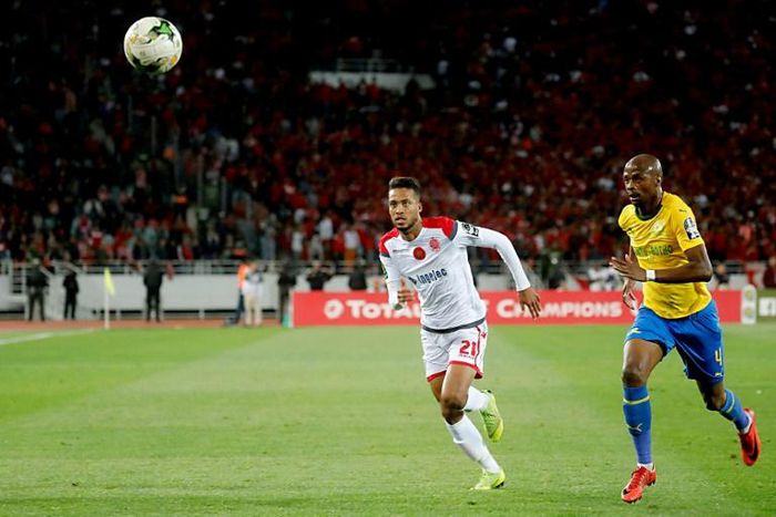 Tebogo Langerman (R) scored the second goal for Mamelodi Sundowns Tuesday in a 2-1 South African Premiership victory over Black Leopards.