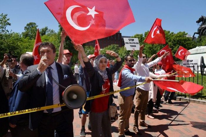 Two people were arrested and nine were injured after clashes between pro- and anti-Erdogan demonstrators in Washington on Tuesday