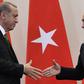Russian President Vladimir Putin (R) shakes hands with his Turkish counterpart Recep Tayyip Erdogan after a joint press conference following their meeting at the Bocharov Ruchei state residence in Sochi on May 3, 2017