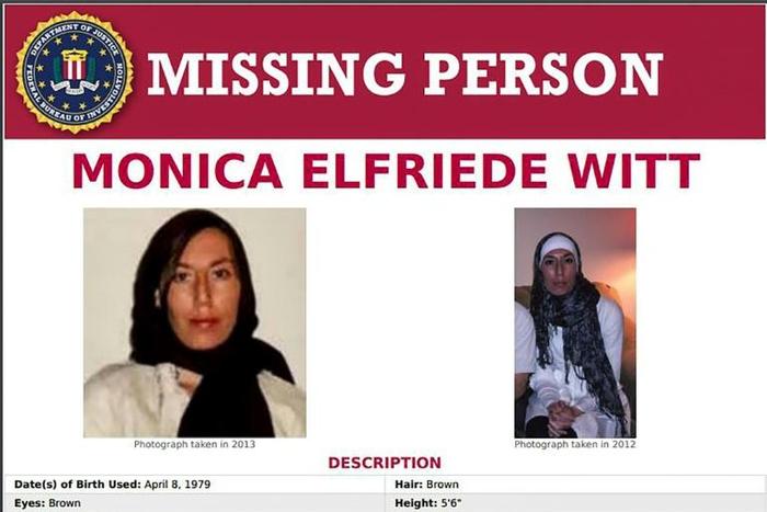 The FBI's Missing Person page for Monica Elfriede Witt, a former US Air Force counterintelligence officer charged with spying for Iran
