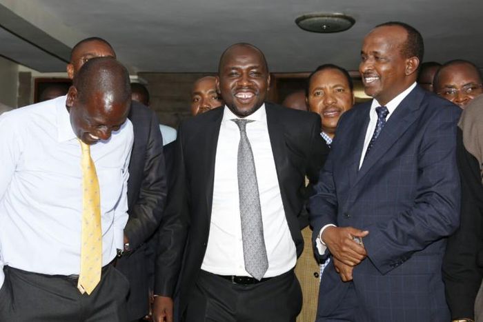 File image of DP Ruto with Kipchumba Murkomen and Aden Duale. DP Ruto met a section of Jubilee party MPs at his Karen home on Thursday