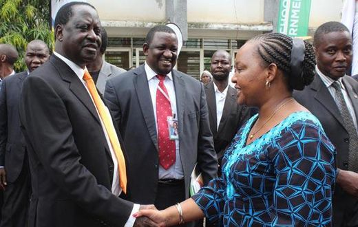ODM leader Raila Odinga and former devolution CS Ann Waiguru