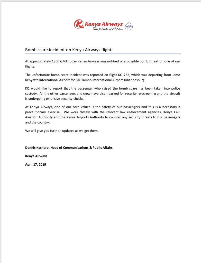 Kenya Airways statement over a bomb scare at JKIA