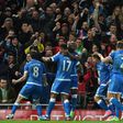 Bournemouth's striker Joshua King (2nd L) celebrates with teammates after scoring their second goal during the English Premier League football match between Liverpool and Bournemouth at Anfield in Liverpool, north west England on April 5, 2017