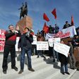 Supporters of detained opposition politician Omurbek Tekebayev, who leads the nominally socialist Ata-Meken party, take part in a rally on February 27, 2017 in the Kyrgyzstan's capital Bishkek