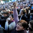 Women gather for a protest on February 16, 2017 in Podgorica over social benefits cuts affecting mothers with three or more children, introduced as the country is facing growing public finances problems