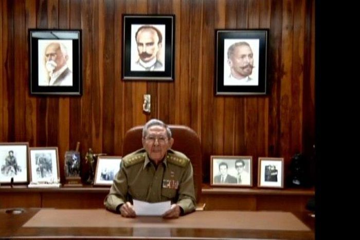 TV grab showing Cuban President Raul Castro announcing the death of his brother Fidel Castro in Havana on November 26, 2016