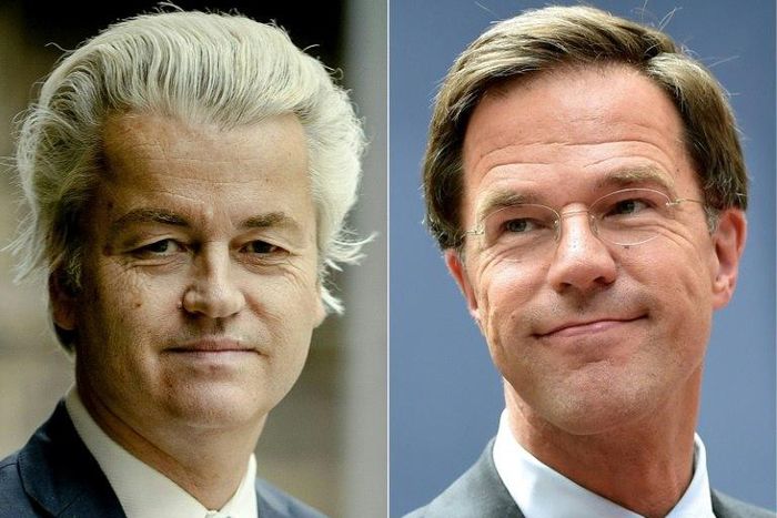Geert Wilders (L), leader of the Freedom Party (PVV), clashed in a head-to-head debate with Prime Minister Mark Rutte on the eve of a highly watched election