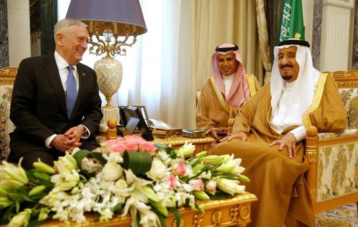 Saudi King Salman (R) sits next to an interpreter during a meeting with US Defence Secretary James Mattis in Riyadh on April 19, 2017