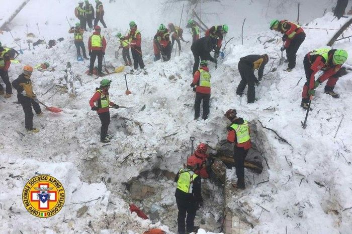 A picture released by Italy's CNSAS rescue agency shows teams working at the avalanche-hit Hotel Rigopiano