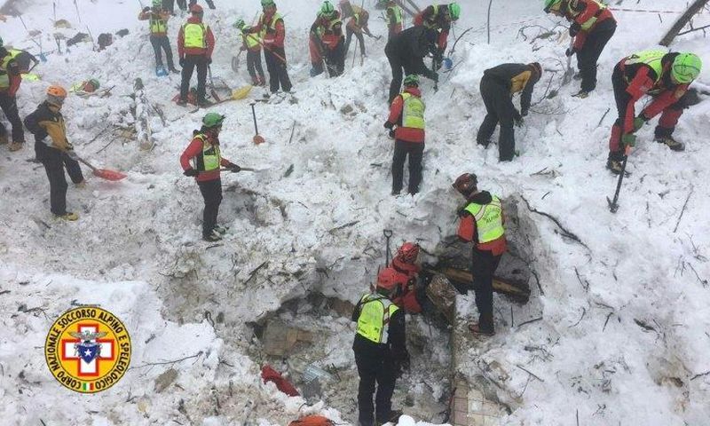 A picture released by Italy's CNSAS rescue agency shows teams working at the avalanche-hit Hotel Rigopiano