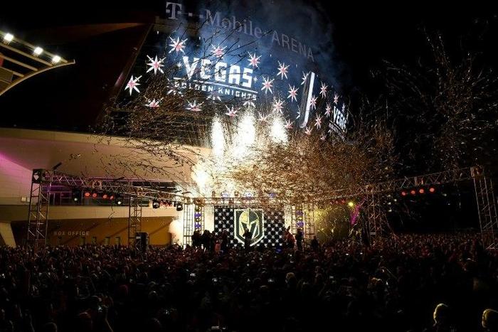 Pyrotechnics and streamers are fired into the air as the Vegas Golden Knights is announced as the name for the Las Vegas NHL franchise at T-Mobile Arena on November 22, 2016 in Las Vegas