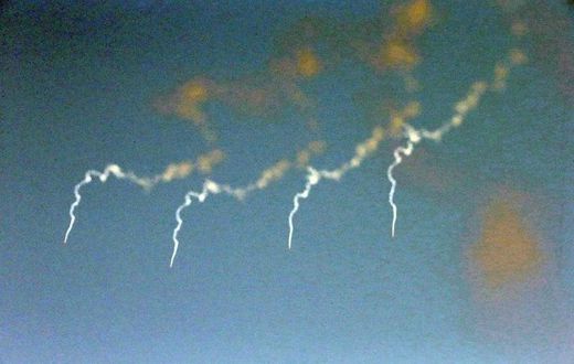 This undated picture released by North Korea's Korean Central News Agency (KCNA) via KNS on March 7, 2017 shows four ballistic missiles after they were fired by Korean People's Army (KPA) during a military drill at an undisclosed location
