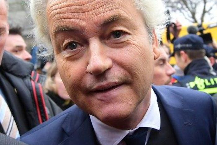 Dutch far-right politician and leader of the Partij Voor De Vrijheid (PVV or Freedom Party) Geert Wilders is surrounded by security and supporters as he officially launches his parliamentary election campaign in Spijkenisse on February 18, 2017. Firebr...