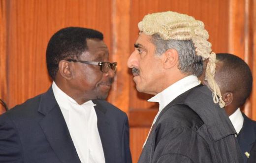 Queen's Counsel Khawar Qureshi with Senior Counsel James Orengo in Court