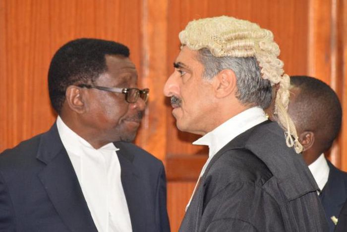 Queen's Counsel Khawar Qureshi with Senior Counsel James Orengo in Court