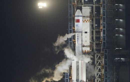 A Long March 7 orbital launch vehicle carrying China's cargo spacecraft Tianzhou-1 shortly before lift off at the Wenchang Space Launch Centre on April 20, 2017