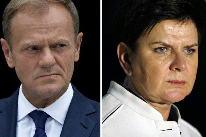 Polish Prime Minister Beata Szydlo (R) told EU peers that Donald Tusk (L) as Council president had "brutally violated" the rule of "political neutrality" by becoming involved in domestic political disputes