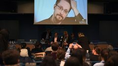 Former US National Security Agency contractor and whistle-blower Edward Snowden speaking on March 15, 2019 via video link from Russia