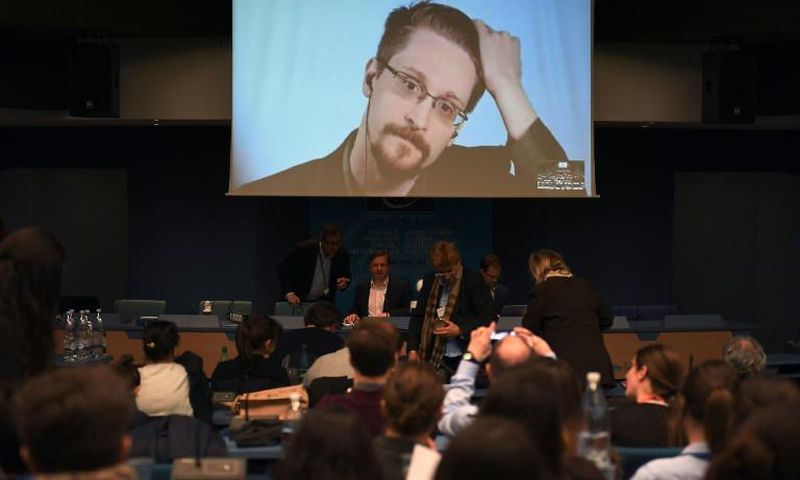 Former US National Security Agency contractor and whistle-blower Edward Snowden speaking on March 15, 2019 via video link from Russia