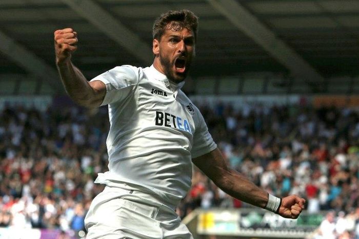 Swansea City's striker Fernando Llorente celebrates after scoring against West Bromwich Albion at the Liberty Stadium in Swansea, south Wales on May 21, 2017