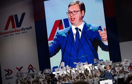 Aleksandar Vucic, speaking here during a pre-election rally of his Serbian Progressive Party, hopes to win a five-year term as president outright