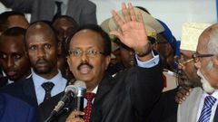 Newly elected President of Somalia and former Prime Minister Mohamed Abdullahi, better known by his nickname Farmajo, delivers an address in Mogadishu, on February 8, 2017