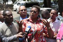 Malindi MP Aisha Jumwa (right) and Msambweni MP Suleiman Dori flanked by coast leaders address the press