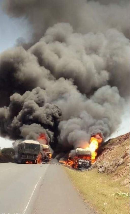 Major highway blocked as 2 truck burn up in flames