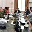 President Juan Manuel Santos (C) chairing a meeting with Foreign Minister Maria Angela Holguin (1-L), Defense Minister Luis Carlos Villegas (1-R) to review information about alleged Venezuelan military incursion near the border between both countries