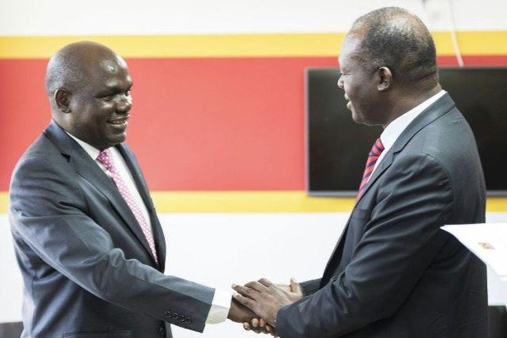 Jubilee Party secretariat head Raphael Tuju and IEBC Chair Wafula Chebukati during a meeting with IEBC commissioners at Jubilee House, Pangani, February 17, 2017.